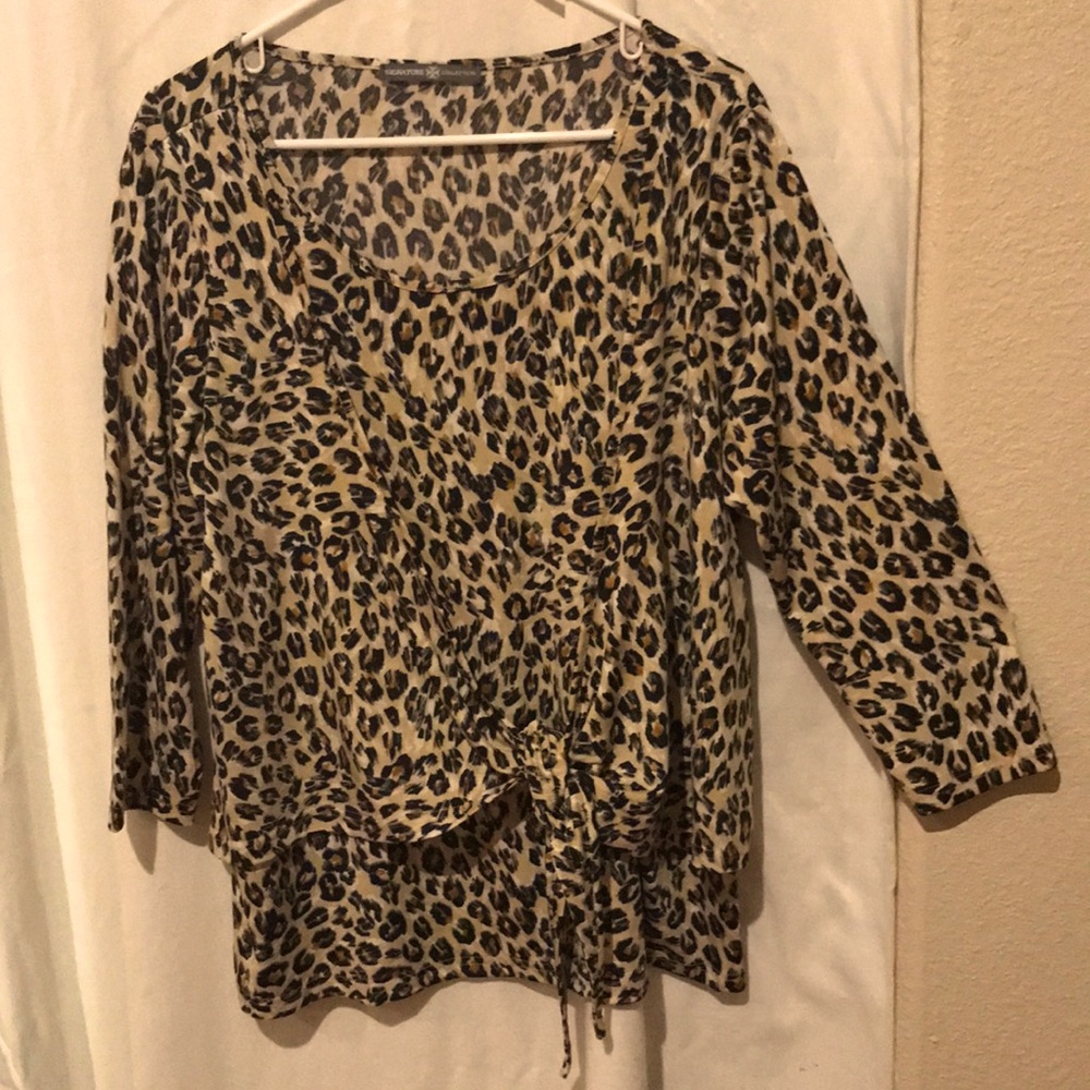 Cheetah print front tie long sleeve blouse